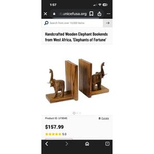 Hand Carved Elephant Book Ends Beautiful  Wood W/ Tusks